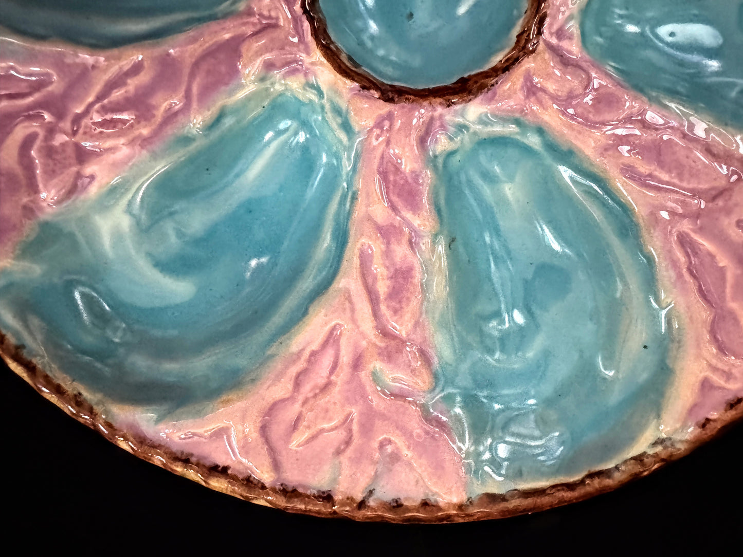 Antique French St Clément KG Majolica Turquoise Pink 6 well Oyster Plate A1095