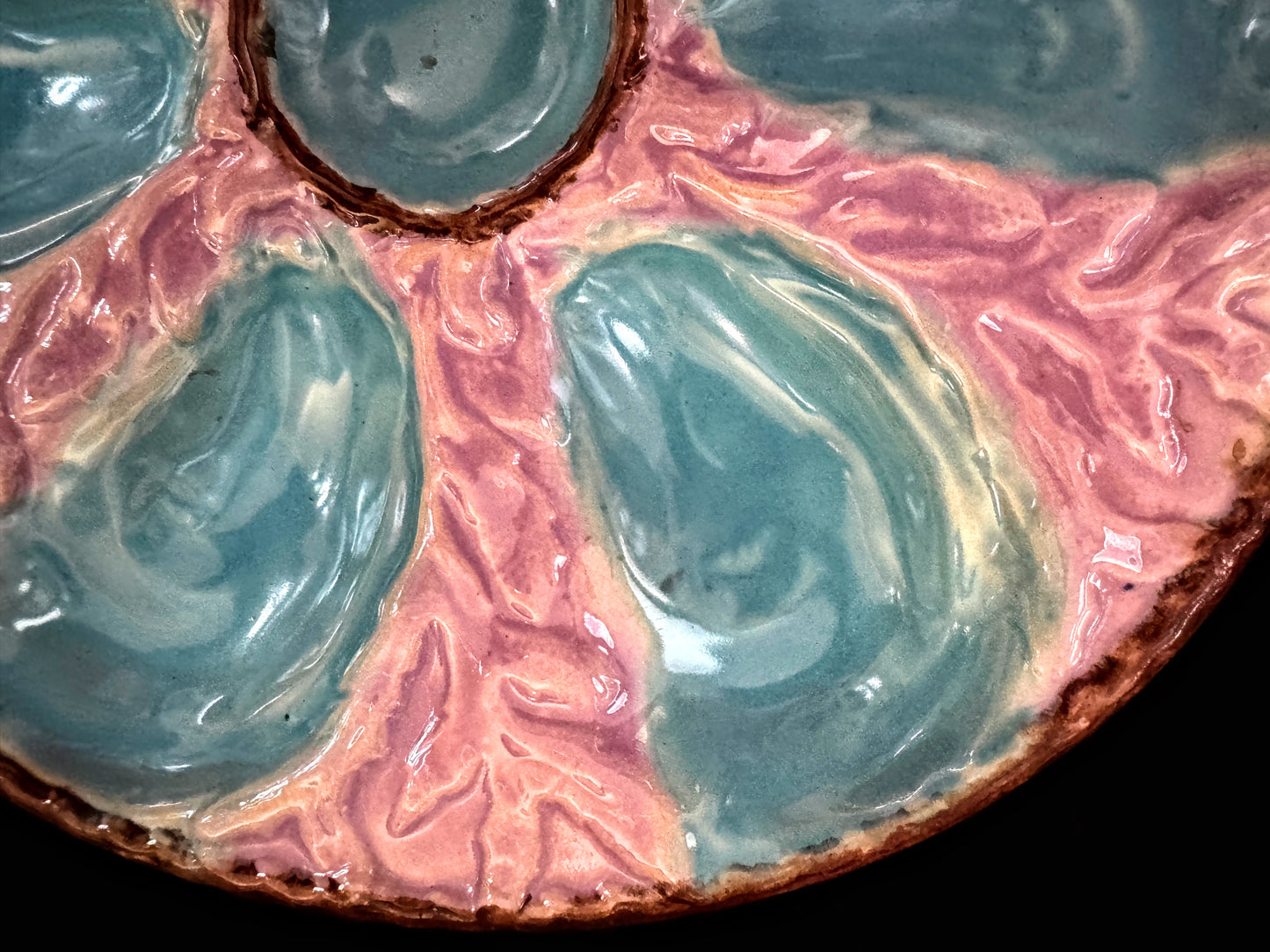 Antique French St Clément KG Majolica Turquoise Pink 6 well Oyster Plate A1095