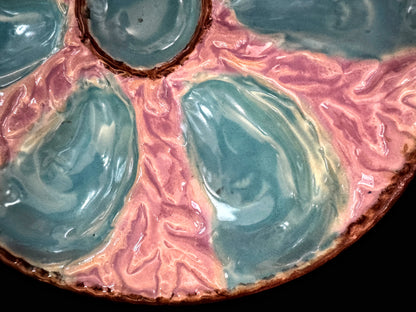 Antique French St Clément KG Majolica Turquoise Pink 6 well Oyster Plate A1095