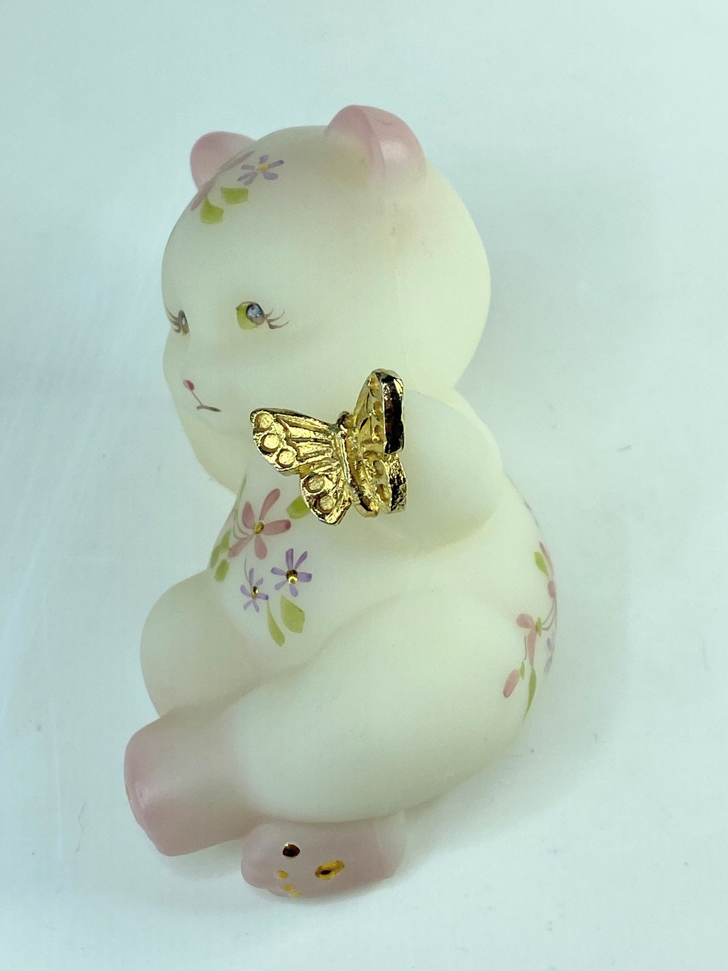 Fenton Art Glass Satin Bear with Golden Butterfly with flower w/tag A585