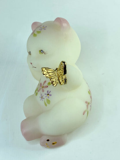 Fenton Art Glass Satin Bear with Golden Butterfly with flower w/tag A585