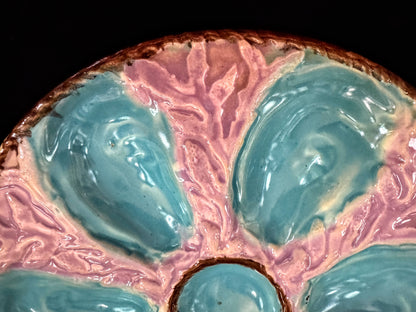 Antique French St Clément KG Majolica Turquoise Pink 6 well Oyster Plate A1095