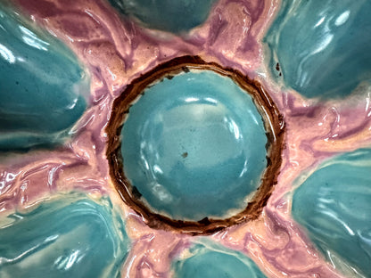 Antique French St Clément KG Majolica Turquoise Pink 6 well Oyster Plate A1095