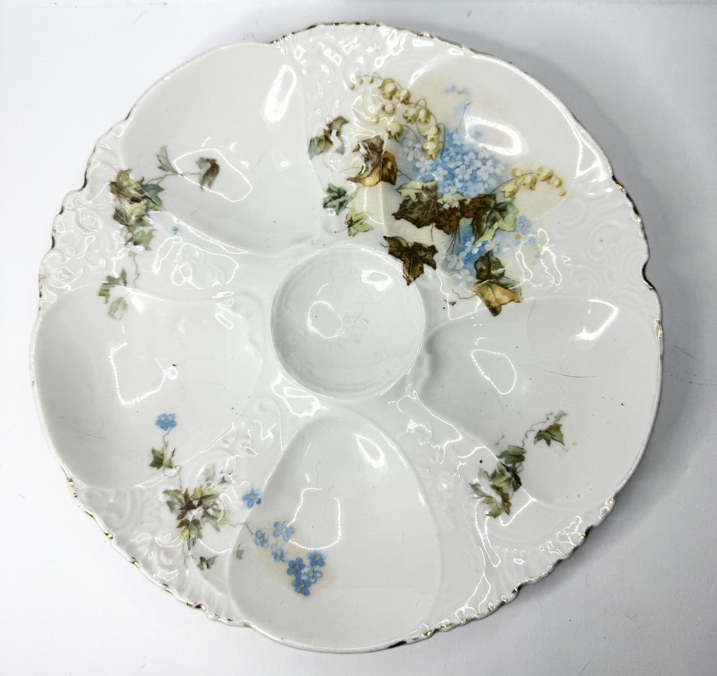 Antique Austria Oyster Plate with "Forget me not" blue flower gold gilt A479