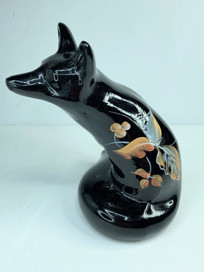 Fenton Art Glass hand-painted black fox figurine in autumn leaves design A587