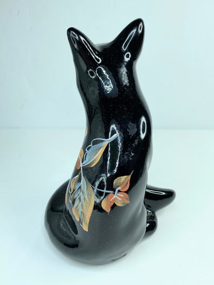 Fenton Art Glass hand-painted black fox figurine in autumn leaves design A587