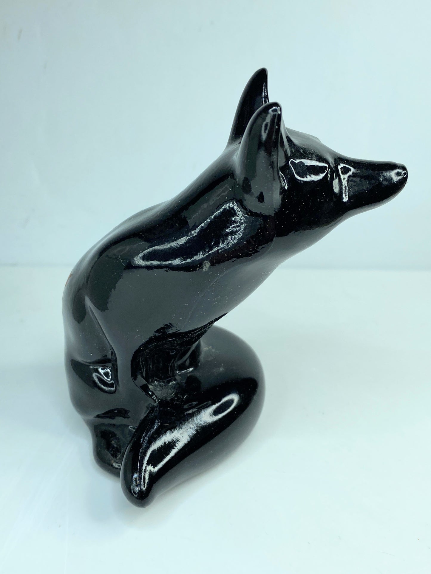 Fenton Art Glass hand-painted black fox figurine in autumn leaves design A587