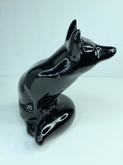 Fenton Art Glass hand-painted black fox figurine in autumn leaves design A587