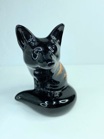 Fenton Art Glass hand-painted black fox figurine in autumn leaves design A587