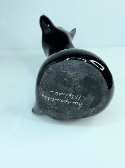 Fenton Art Glass hand-painted black fox figurine in autumn leaves design A587