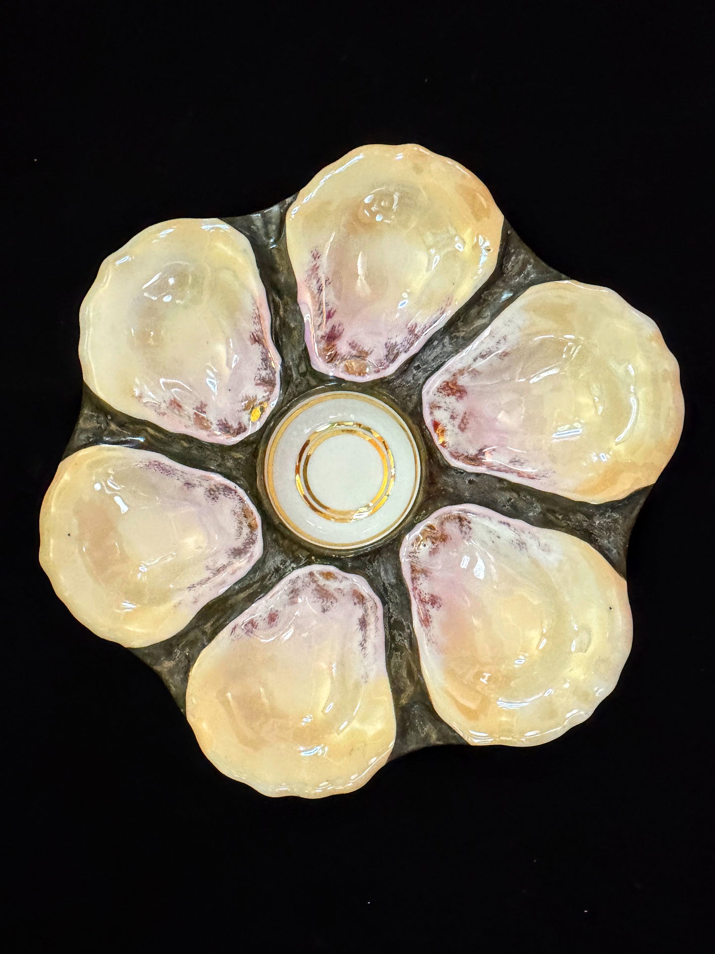 Antique Majolica Oyster Plate Double Ring Center Well mint 9.0" A1097