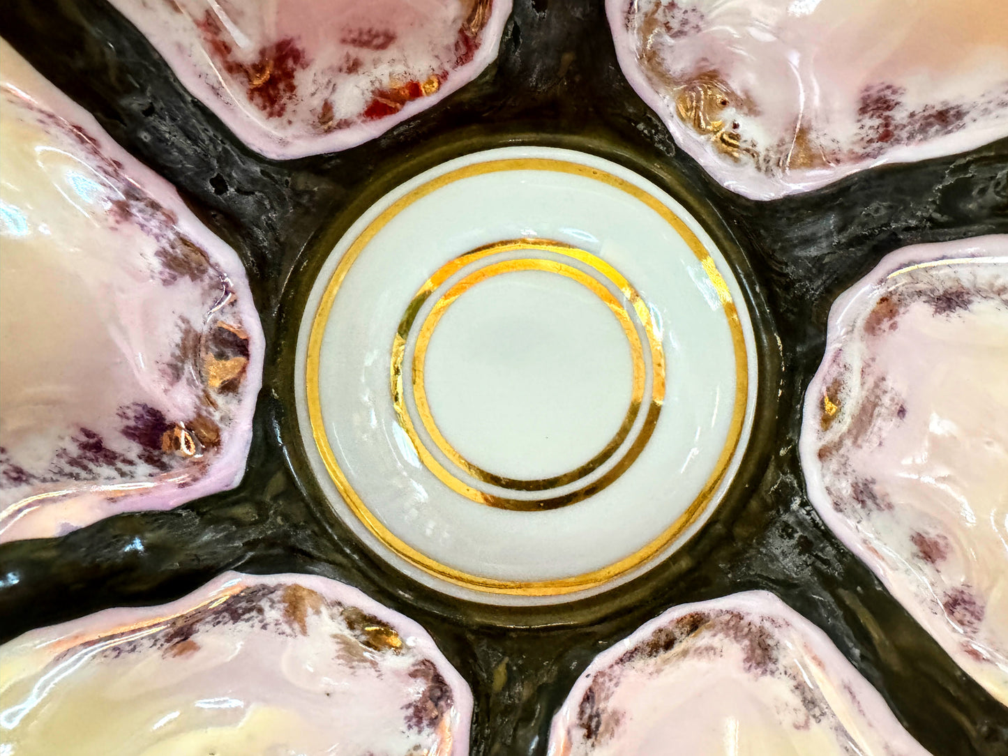Antique Majolica Oyster Plate Double Ring Center Well mint 9.0" A1097