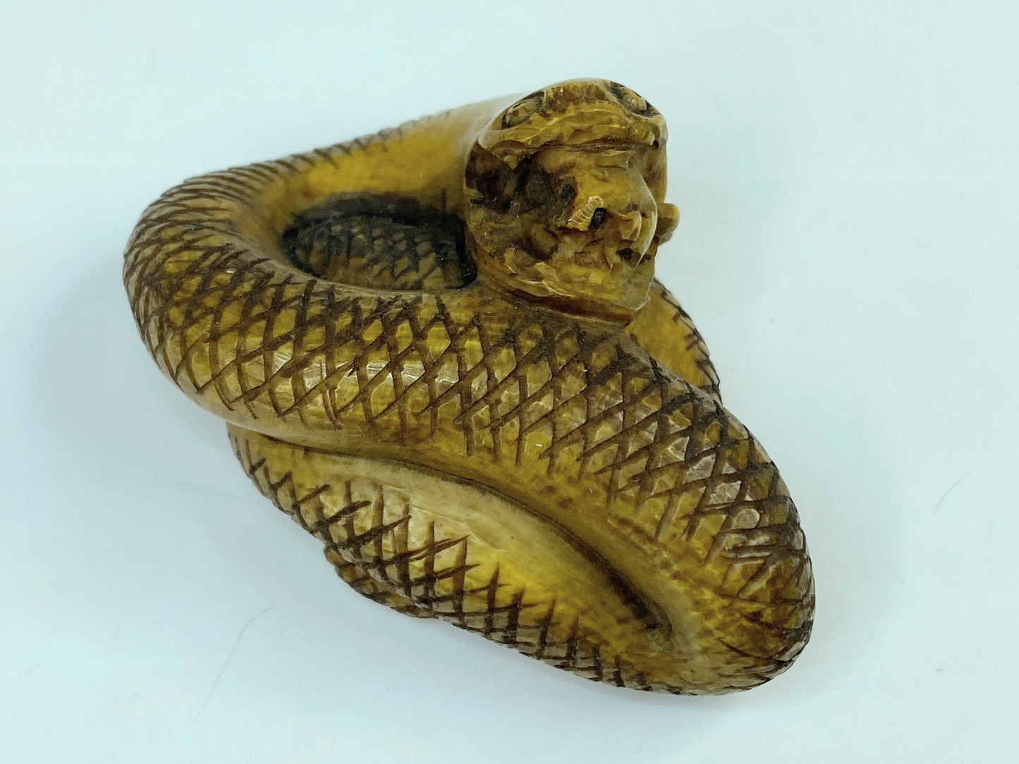 19th century hand carved Resin Snake with a mouse in the mouth Netsuke A588