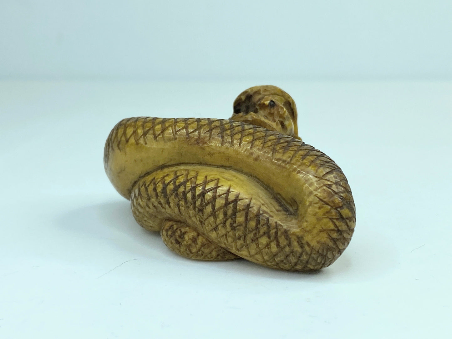 19th century hand carved Resin Snake with a mouse in the mouth Netsuke A588