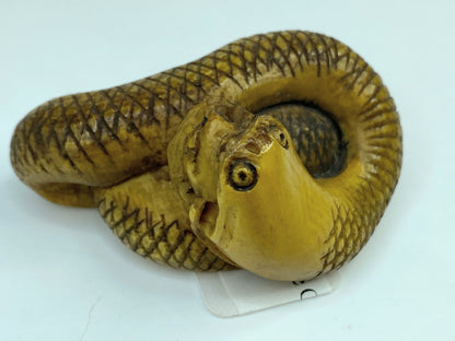 19th century hand carved Resin Snake with a mouse in the mouth Netsuke A588