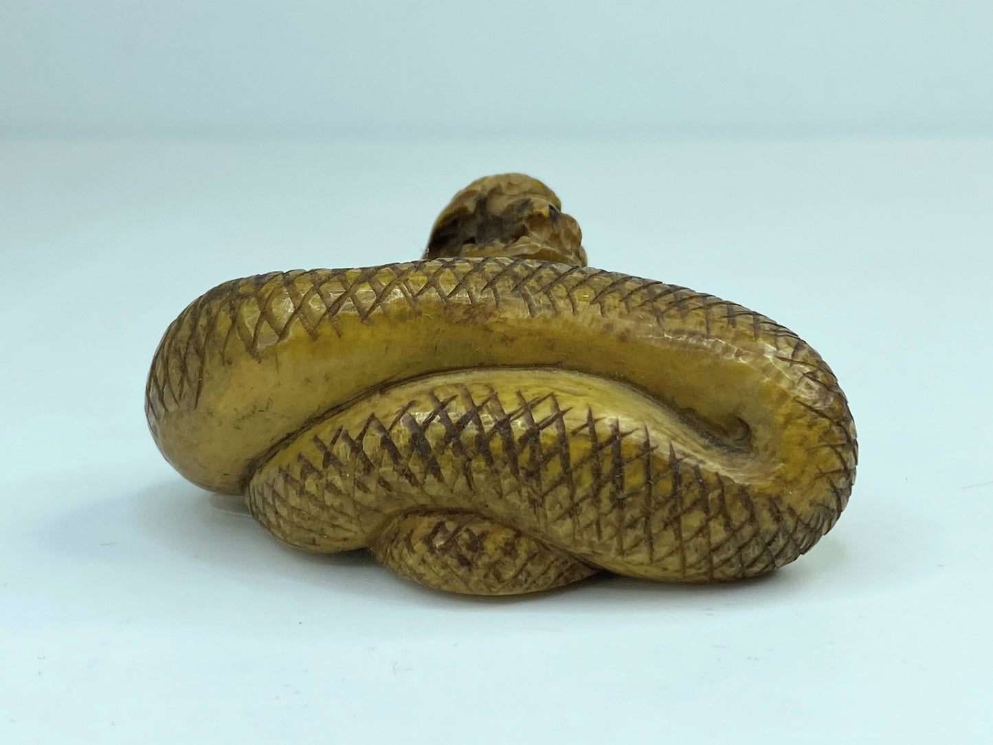 19th century hand carved Resin Snake with a mouse in the mouth Netsuke A588