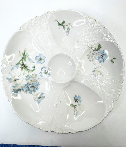 Antique Austria hand painted Blue Delphinium 5 well oyster plate A483