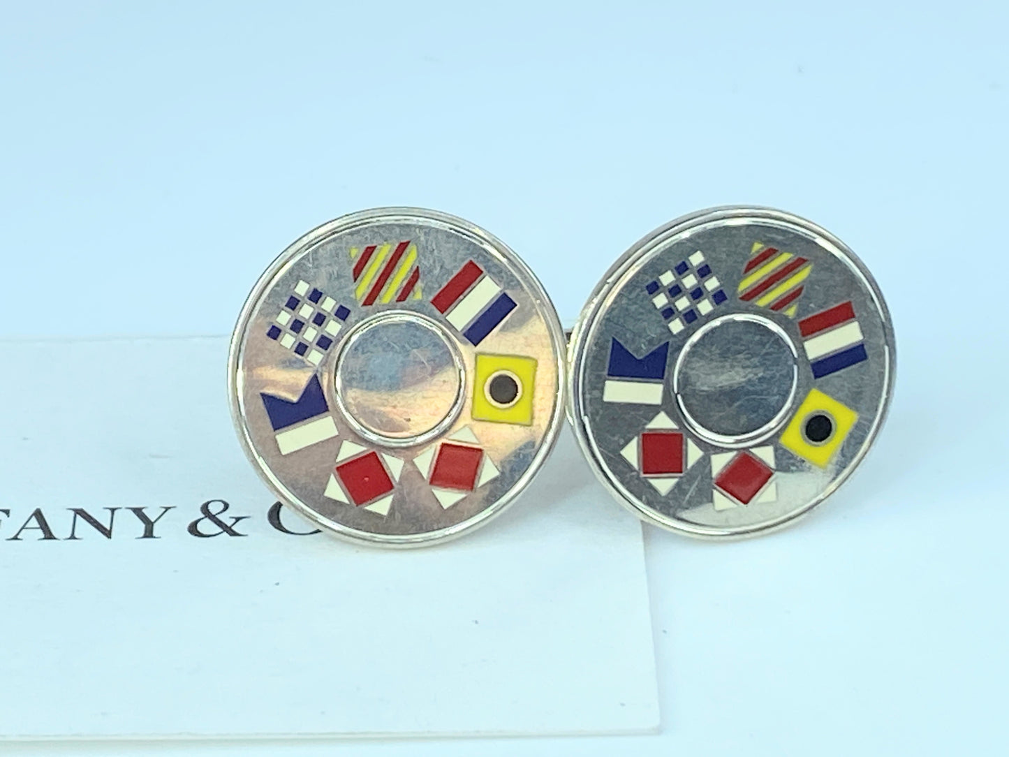 Tiffany & Co. Vintage Enameled Nautical Flag "Tiffany" SS Cufflinks