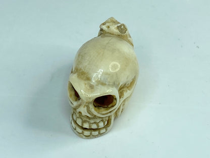 19th C Japanese carved Resin Netsuke Skull and frog signed A591