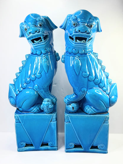 Vintage turquoise glazed porcelain Foo Dogs/imperial lions shi shi 14.5" A484