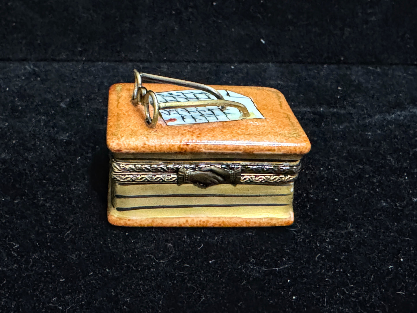 Vintage Porcelain Book Shaped Trinket Box with Eyewear Figurine A1106