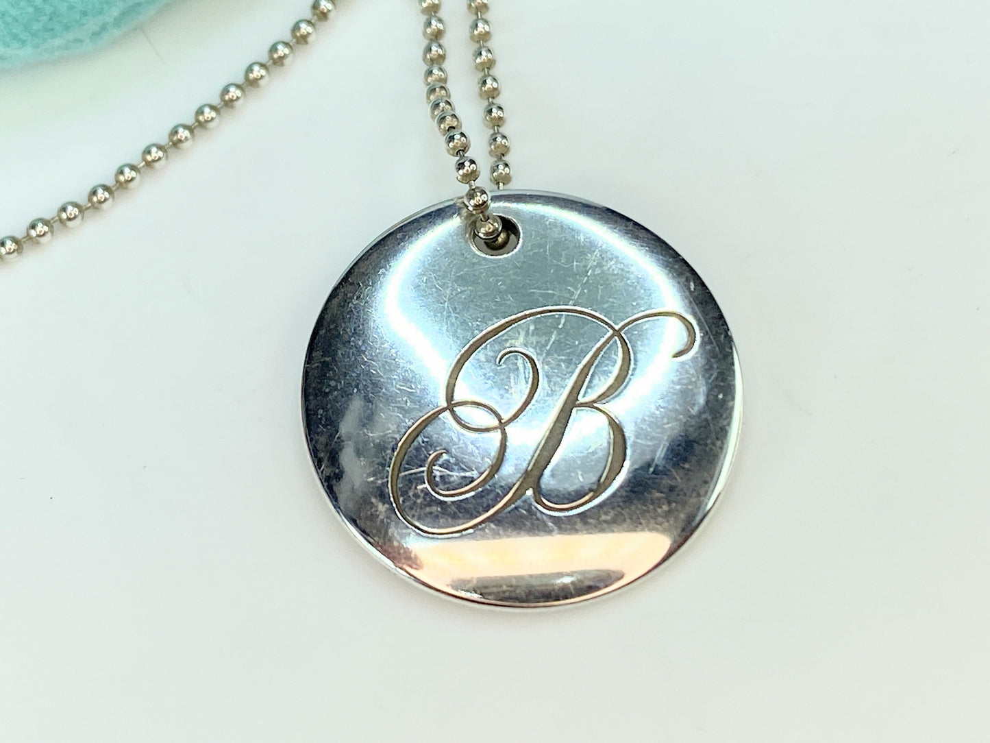 Tiffany & Co Letter "B" Initial Circle Disc Pendant Necklace sterling 20" JR7813