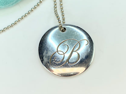 Tiffany & Co Letter "B" Initial Circle Disc Pendant Necklace sterling 20" JR7813