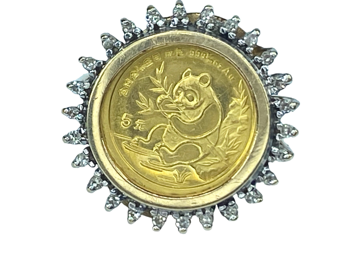 1991 $5.00 1/20 oz Panda 999.0 gold coin 0.18ct diamond 14K ring