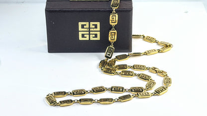 Vintage Givenchy Gold Tone Greek Key Long Link Necklace Box GS821