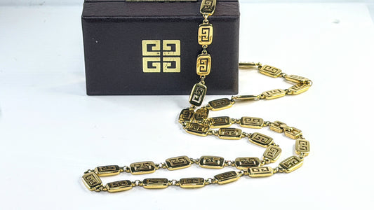 Vintage Givenchy Gold Tone Greek Key Long Link Necklace Box GS821