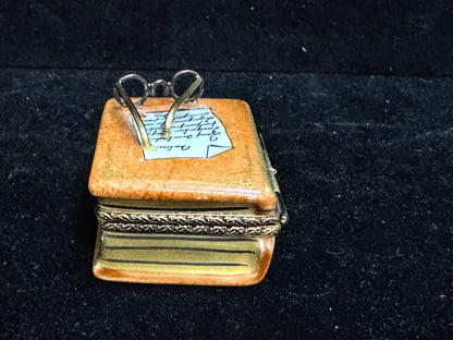 Vintage Porcelain Book Shaped Trinket Box with Eyewear Figurine A1106