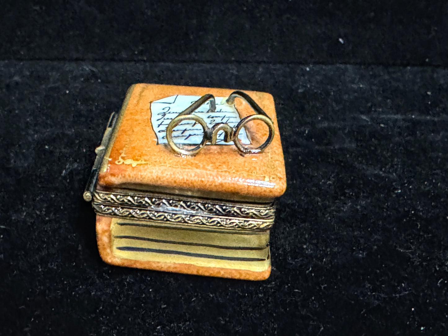 Vintage Porcelain Book Shaped Trinket Box with Eyewear Figurine A1106