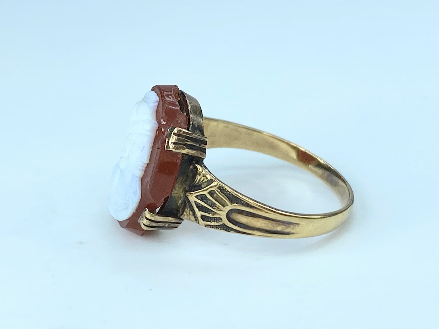 Mid Century Spartan Cameo Ring Roman Soldier profile 14K ring