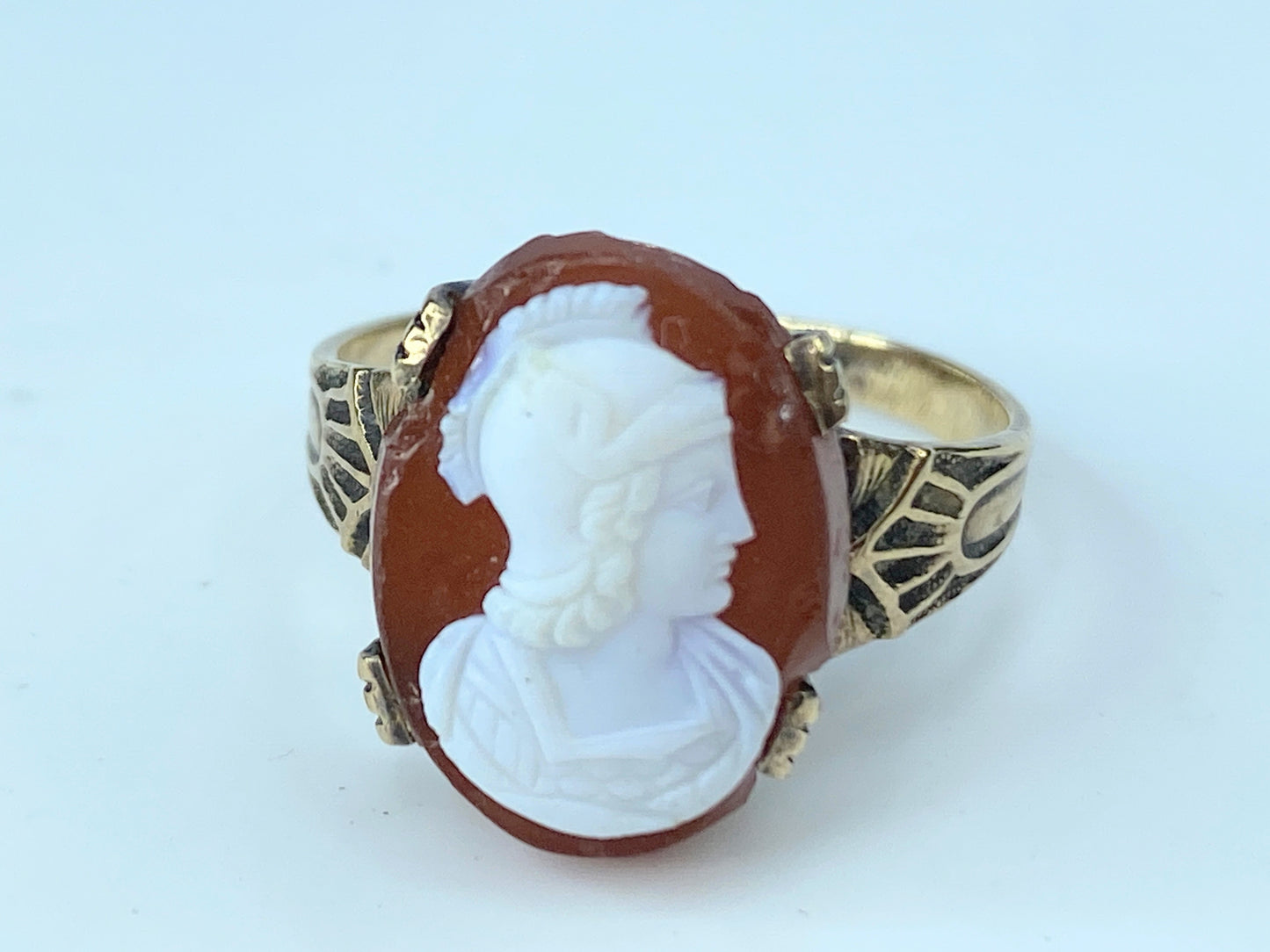 Mid Century Spartan Cameo Ring Roman Soldier profile 14K ring