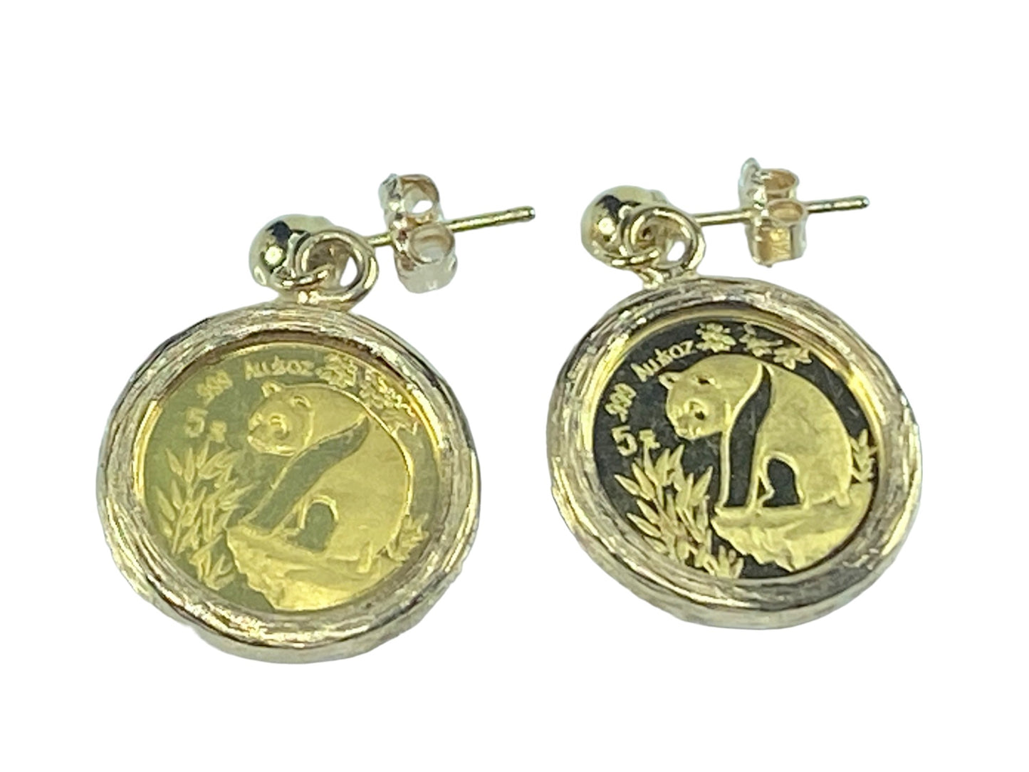 c1993 1/20oz $5.00 999.9 Panda gold coin 5.0mm gold bead earrings 6.2g