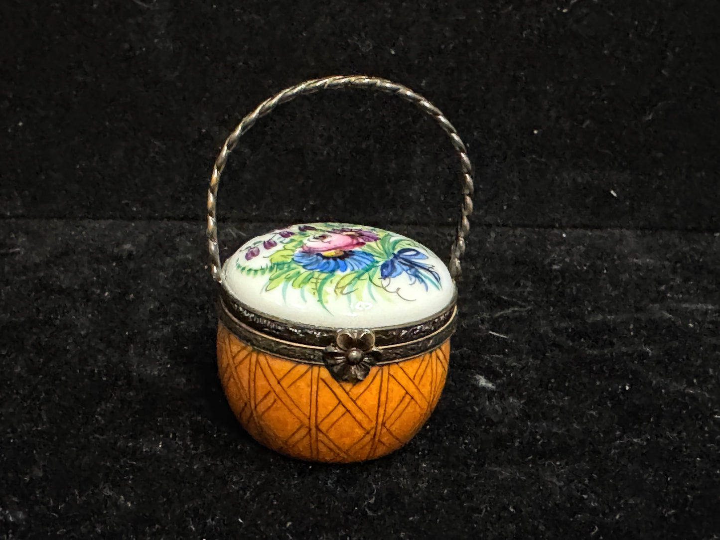 Limoges Peint Main Floral Basket Trinket Box with Handle A1108