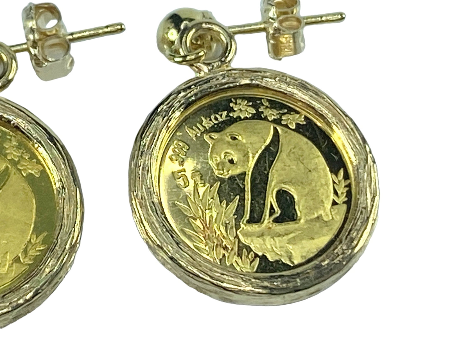 c1993 1/20oz $5.00 999.9 Panda gold coin 5.0mm gold bead earrings 6.2g