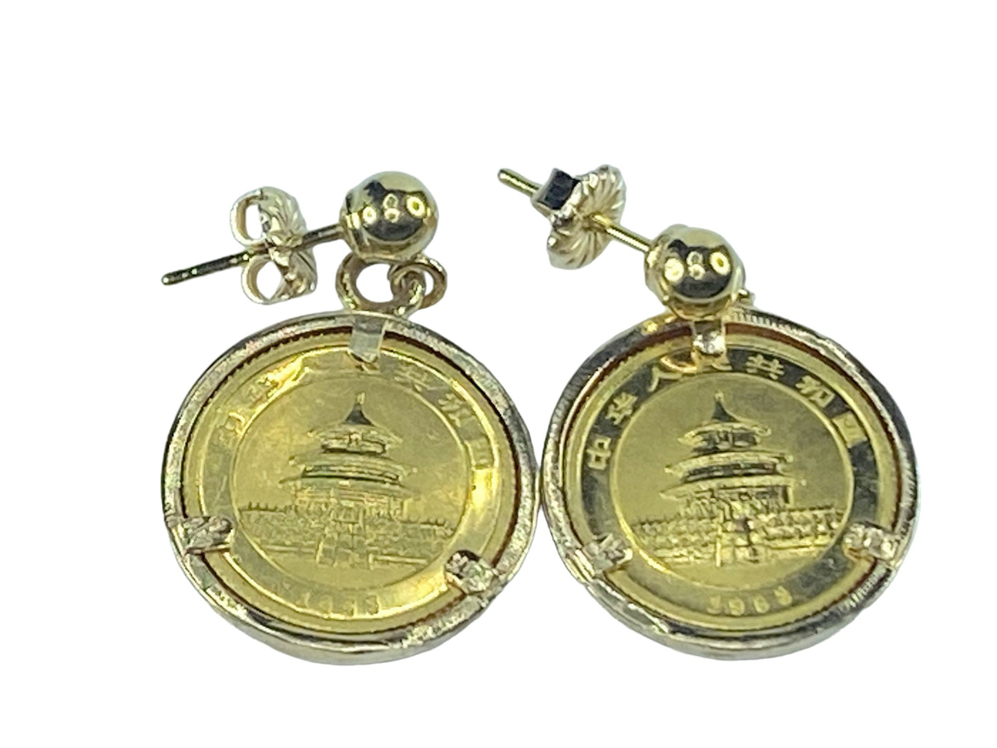 c1993 1/20oz $5.00 999.9 Panda gold coin 5.0mm gold bead earrings 6.2g