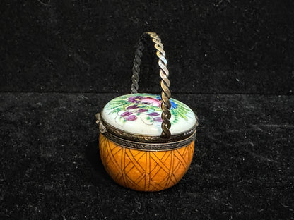 Limoges Peint Main Floral Basket Trinket Box with Handle A1108