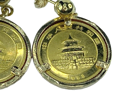 c1993 1/20oz $5.00 999.9 Panda gold coin 5.0mm gold bead earrings 6.2g