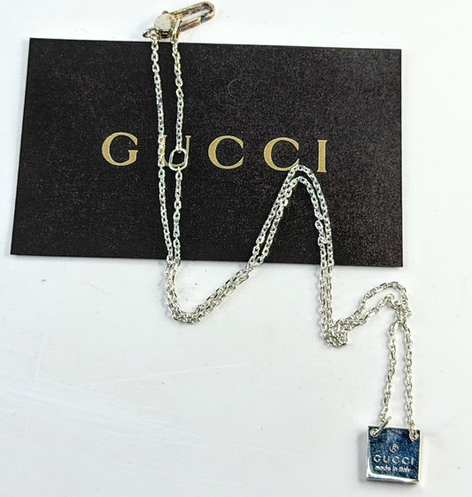Vintage Gucci Sterling Silver Square Logo Tag Necklace 18.5" JR1651