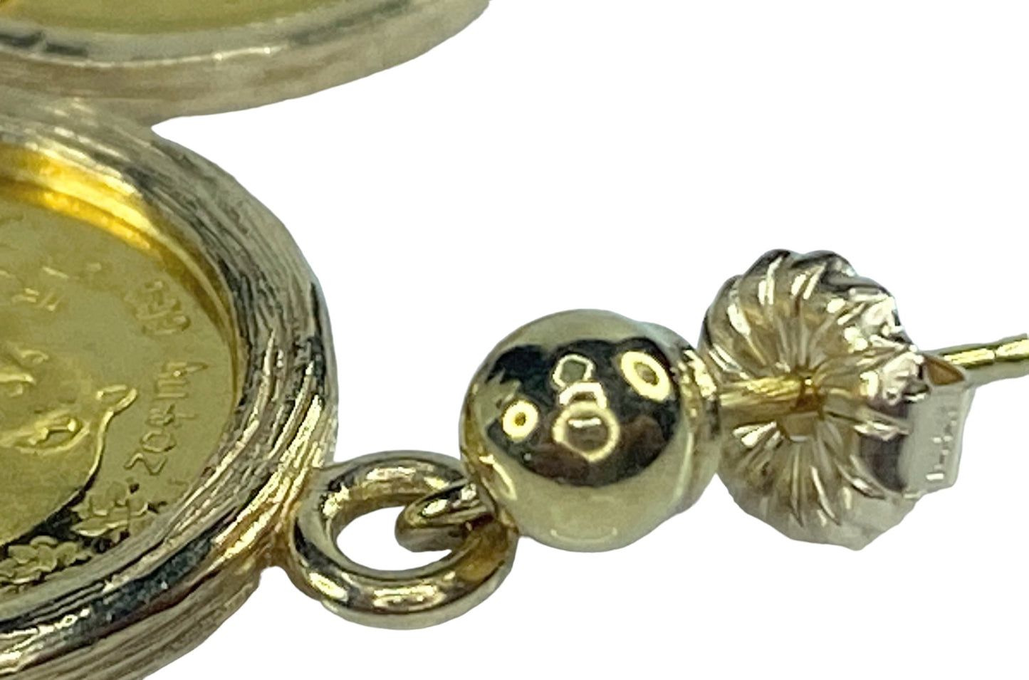 c1993 1/20oz $5.00 999.9 Panda gold coin 5.0mm gold bead earrings 6.2g