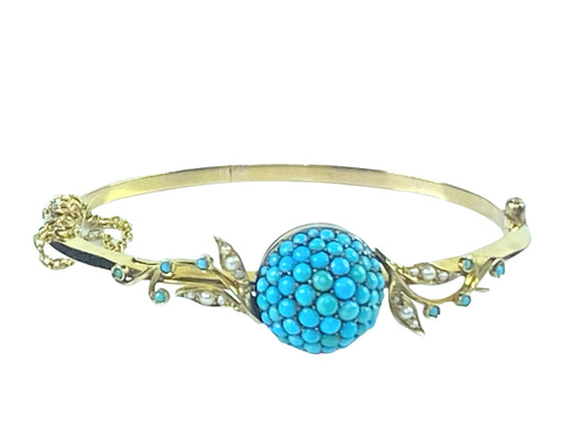Victorian 14K Cabochon turquoise Bombre Locket pearl Floral bangle