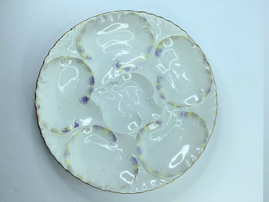 Antique Rare Lavender yellow sponge dab gold trim 5 well oyster plate A598