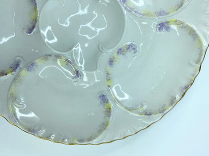 Antique Rare Lavender yellow sponge dab gold trim 5 well oyster plate A598