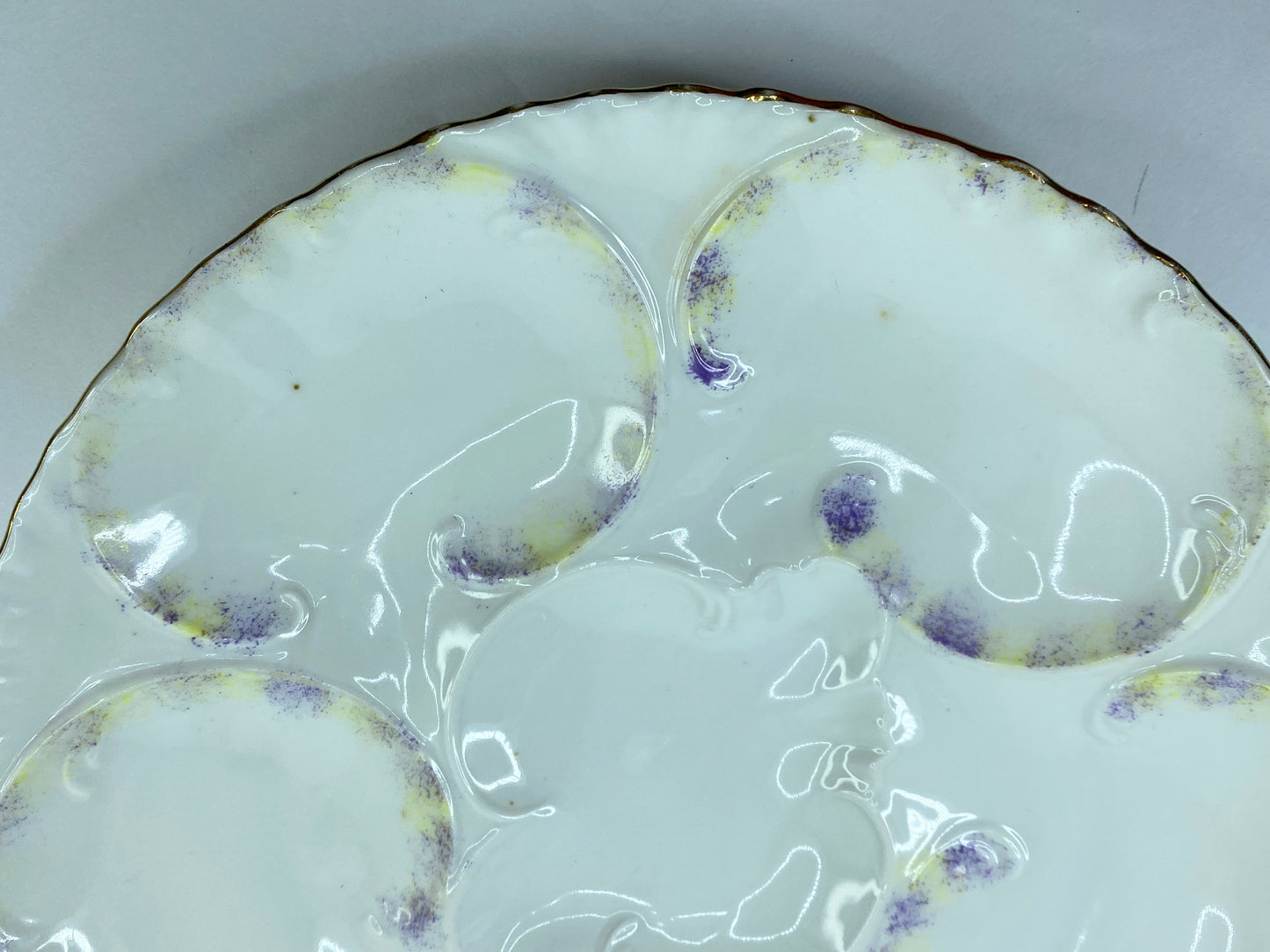 Antique Rare Lavender yellow sponge dab gold trim 5 well oyster plate A598