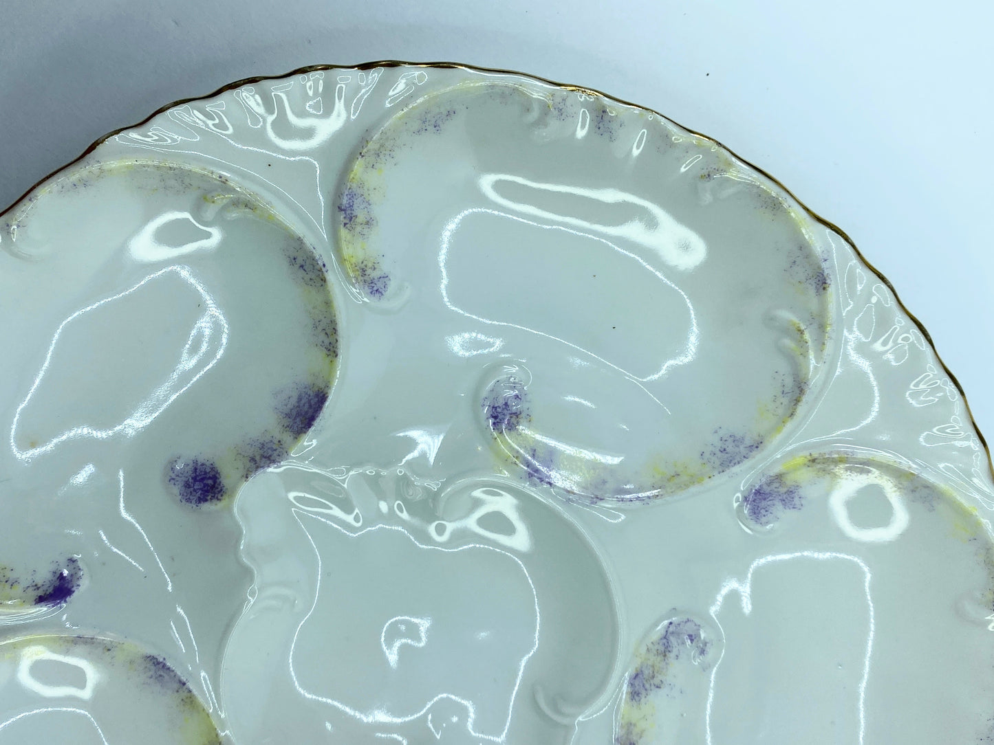 Antique Rare Lavender yellow sponge dab gold trim 5 well oyster plate A598
