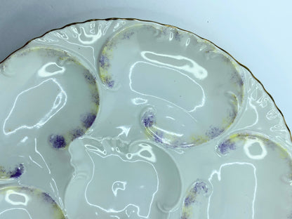 Antique Rare Lavender yellow sponge dab gold trim 5 well oyster plate A598