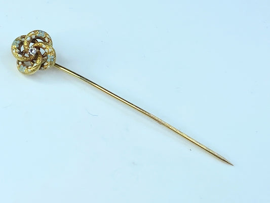 Victorian enamel Love Knot  14k Old European Diamond Groom’s stick pin