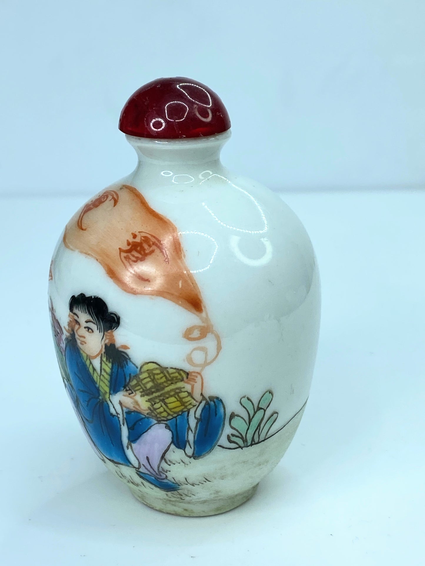 Vintage hand painted polychrome bottle with Amber cap A91